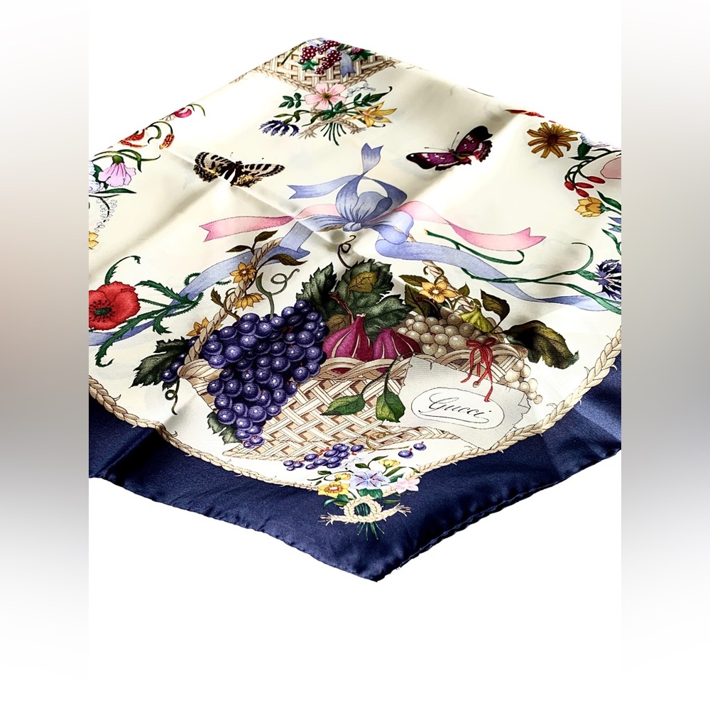 Gucci Vintage Silk Scarf in Floral and Fruit basket with Butterflies design - Picture 3 of 13